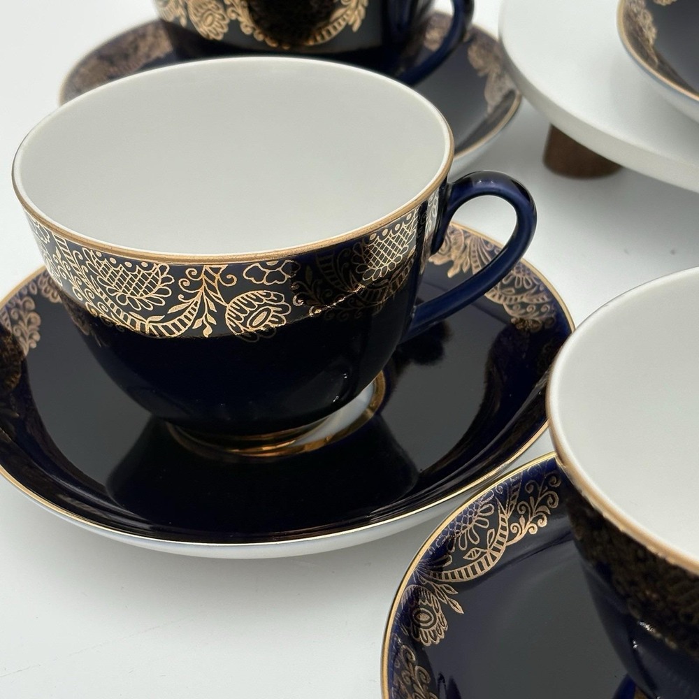 Vintage Russian Cobalt Net Gold Web Lomonosov Tea Cup with Saucer Set of 6 - Picture 11 of 13